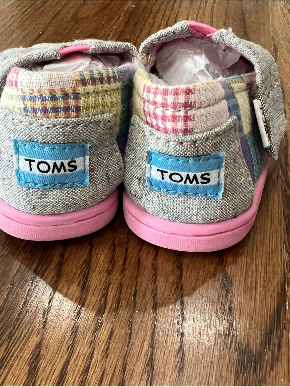 Toms Baby Slip-On Shoes in Natural and Pink with Multicolor Plaid Accent